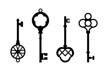 Obraz premium Set of old keys silhouette. Old key crafts. Retro key silhouettes vector template for logo design.