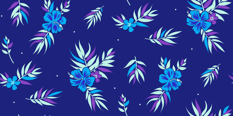 Seamless tropical floral background with palm leaves for summer dress fabric
