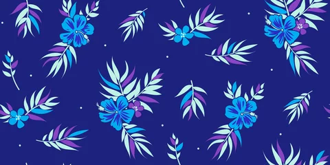 Foto op Plexiglas Donkerblauw Naadloze tropische bloemenachtergrond met palmbladeren voor de stof van de zomerkleding