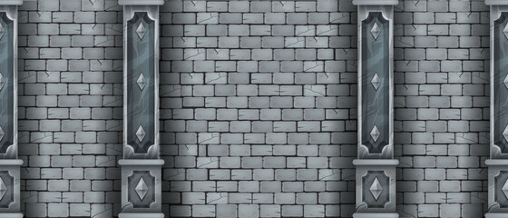 Brick wall seamless texture, ancient castle stone background, marble pillars, vector medieval masonry. Old dungeon rock tiles, vintage temple backdrop, column. Brick wall architecture interior banner