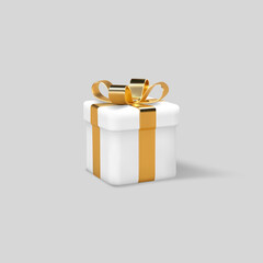 3d gift box wrapped golden ribbon isolated on white background. Holiday or seasonal discount decorative elements. Vector illustration.