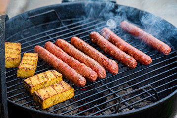 grilled pork sausages and tofu