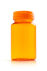 Blank orange transparent plastic bottle for vitamin or supplement product design mock-up