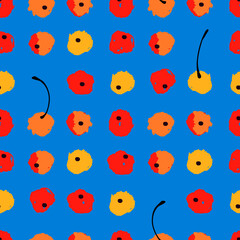 Seamless repeating pattern. Stylized rows of cherries with stems. Painted colorful illustration on vibrant blue background for surface design and other design projects