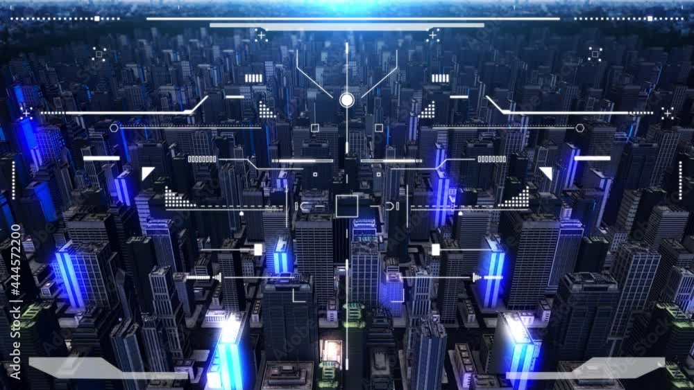 Poster hud screen monitoring aerial flying view smart city security check 4k motion background