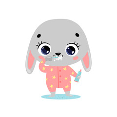 Vector flat doodle cute cartoon baby bunny brushing teeth. Animals brush their teeth.