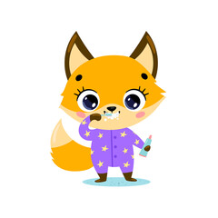 flat doodle cute cartoon baby fox brushing teeth. Animals brush their teeth.