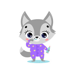 Vector flat doodle cute cartoon baby wolf brushing teeth. Animals brush their teeth.