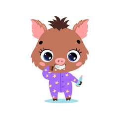 Vector flat doodle cute cartoon baby boar pig brushing teeth. Animals brush their teeth.