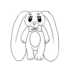 black and white coloring doodle cute toy stuffed rabbit with big long ears with a bow on the neck isolated on a white background, animals, children, cartoon