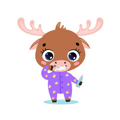 flat doodle cute cartoon baby moose brushing teeth. Animals brush their teeth.