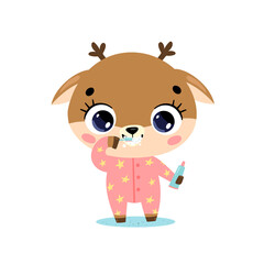 Vector flat doodle cute cartoon baby deer brushing teeth. Animals brush their teeth.