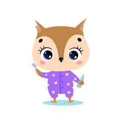 flat doodle cute cartoon baby owl brushing teeth. Animals brush their teeth.