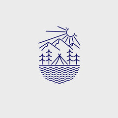 landscape, outdoor, camping ground logo with monoline design, line art, minimalist, modern minimalist