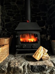 Fire ablaze in a wood burning stove 