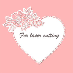 Laser cutting template. Lace heart with flowers. Vector