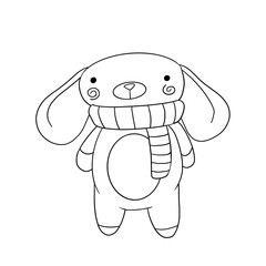 black and white coloring doodle cute toy teddy mouse with big ears with a striped scarf around his neck isolated on a white background, animals, children, cartoon