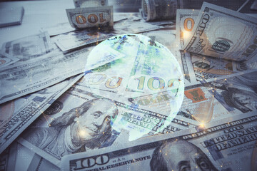 Multi exposure of social network drawing over us dollars bill background. Concept of people connection.