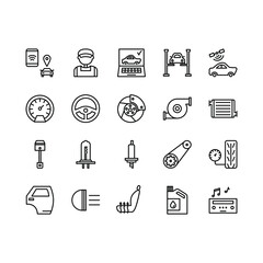Car repair service flat line icons set. Mechanic, computer diagnostics, tools, wheel, battery, transmission, jack. Simple flat vector illustration for store, web site or mobile app