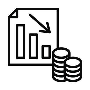 Finance productivity graph flat line icons set. Graph of decline with money sign. Dividends. Return on investment chart. Decrease in profit. Simple flat vector illustration for store, web site