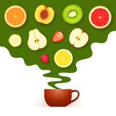 Cup of black or green tea and cloud with fruits and berries above it