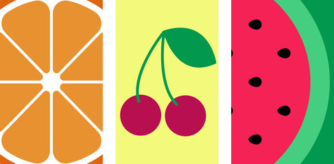 Set of cool summer banners. Creative bright colorful design with fruits and berries: orange, watermelon, cherry. Templates for web, sale, promotion, greeting card, flyer, flier, brochure