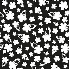 Ditsy daisy monochrome seamless repeat pattern. Random placed, vector flowers with leaves all over surface print on black background.
