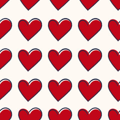 Red hearts with blue abstract outline seamless repeat pattern. Vector love sign all over surface print on ecru white background.