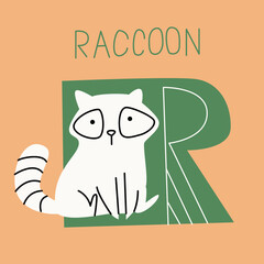 Vector flat illustration for children's alphabet. The letter R and the raccoon on the background.