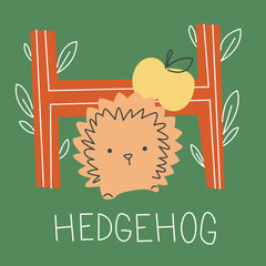 Vector flat illustration for children's alphabet. The letter H and the hedgehog on the background.