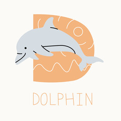 Vector flat illustration for children's alphabet. The letter D and the dolphin on the background.