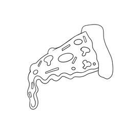 black and white coloring doodle a piece of pizza with mushrooms, salami, and cheese spreading isolated on a white background, food, children's, cartoon