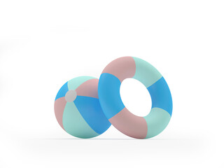 One beach ball with a lifebuoy on a white background. 3D illustration 