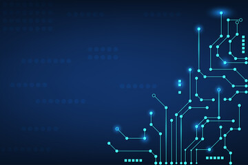 Blue abstract background of curcuit board surface. Network technology with line and dot connection and cyber space innovation concept. Futuristic and blank space.