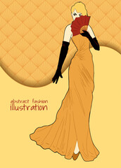 fashion retro illustration with woman in long dress and fan, yellow