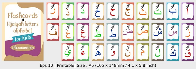 Dhommatain - Flashcards of Arabic letters or hijaiyah letters alphabet for children, A6 size flash card and ready to print, eps 10 vector template