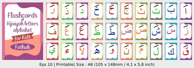 Fathah - Flashcards of Arabic letters or hijaiyah letters alphabet for children, A6 size flash card and ready to print, eps 10 vector template