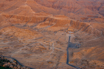 Mortuary Temple of Hatshepsut and Luxor at sunrise, the view from hot air balloon, Luxor, Egypt