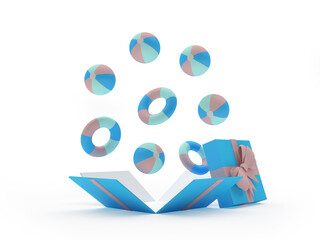 Beach balls and lifebuoys fly out of the gift box. 3D illustration 