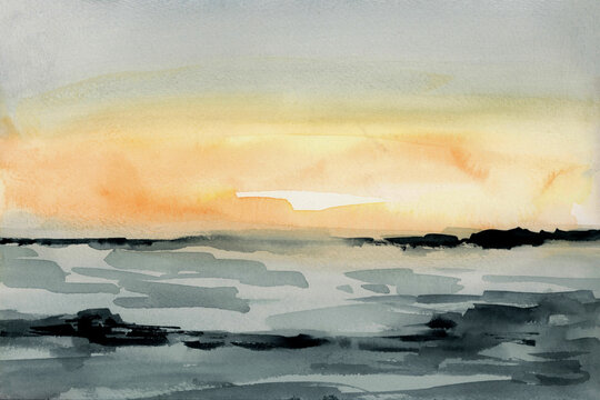 Sunset Ocean Beach Wall Art Watercolor Panting Hand Drawn and Painted