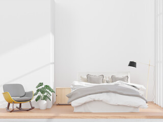 bedroom and white wall,big window, little chair and sideboard, minimal style ,mock up and copy space wall - 3d rendering -