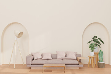 Living room and earth tone wall ,big curve wall, gray , minimal style ,mock up and copy space wall - 3d rendering -