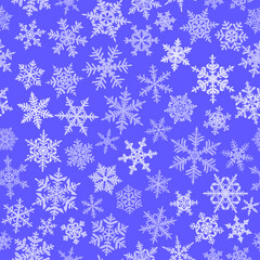 Fototapeta na wymiar Christmas seamless pattern with complex big and small snowflakes, white on blue background