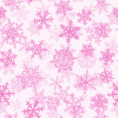 Christmas seamless pattern with complex big and small snowflakes, pink on white background