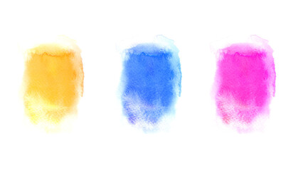 Round Red, light lime blue yellow watercolor painted in circle shape on a white rough watercolor paper. Three colors isolated on white background. For artic illustration design brush.