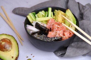 Poke. A plate of fish, avocado, rice.