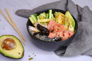 Poke. A plate of fish, avocado, rice.