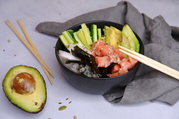 Poke. A plate of fish, avocado, rice.