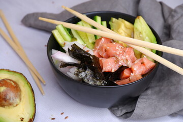 Poke. A plate of fish, avocado, rice.