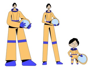 Flat illustration of hyperbolized astronauts girls with helmets in hands